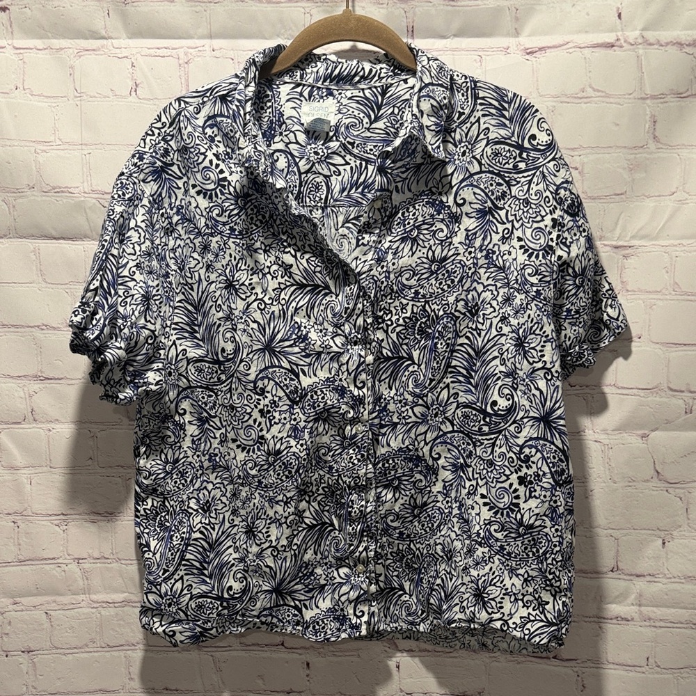 Sigrid Olsen Linen Navy & White Paisley Button Up Short‎ Sleeve Shirt Woman’s L